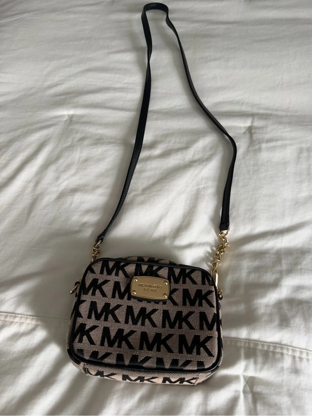 Michael Kors Brown/Black MK Logo Crossbody with Gold Plaque